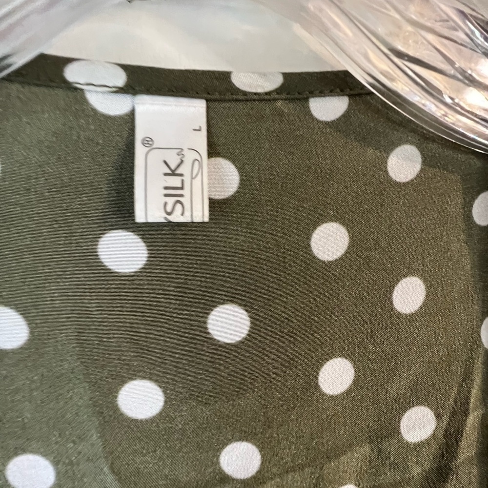 Lilysilk 100% Silk Polka Dot Wrap Midi Dress in Olive Green/White Sz L - Picture 8 of 10
